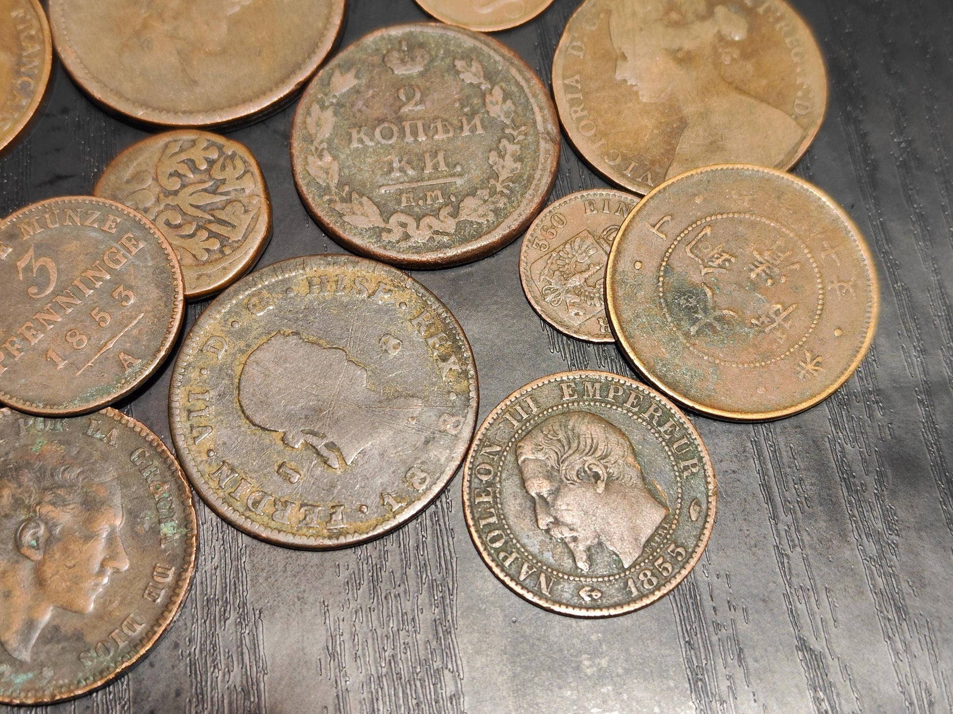 Old Antique Bronze Coins Numismatic Collection World Old Money Lot of 13 Pcs. from around 1800S~ Rare French Spanish German Chinese Coins