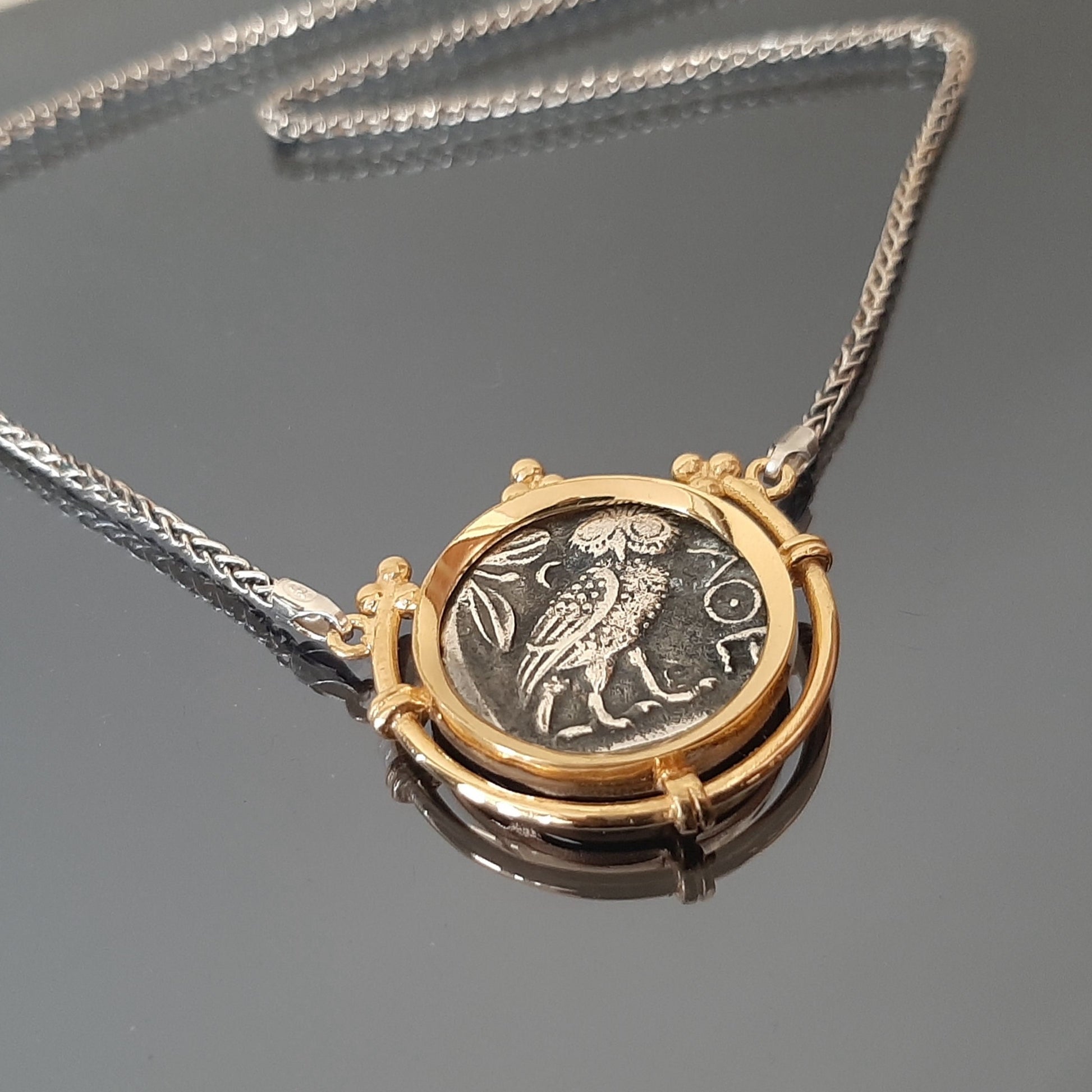 Awesome Goddess Athena Coin Pendant, an Old Greek Coin for Pendant in a Vermeil Base, a Museum Copy, Two Face Athenian Tetradrachm Necklace.