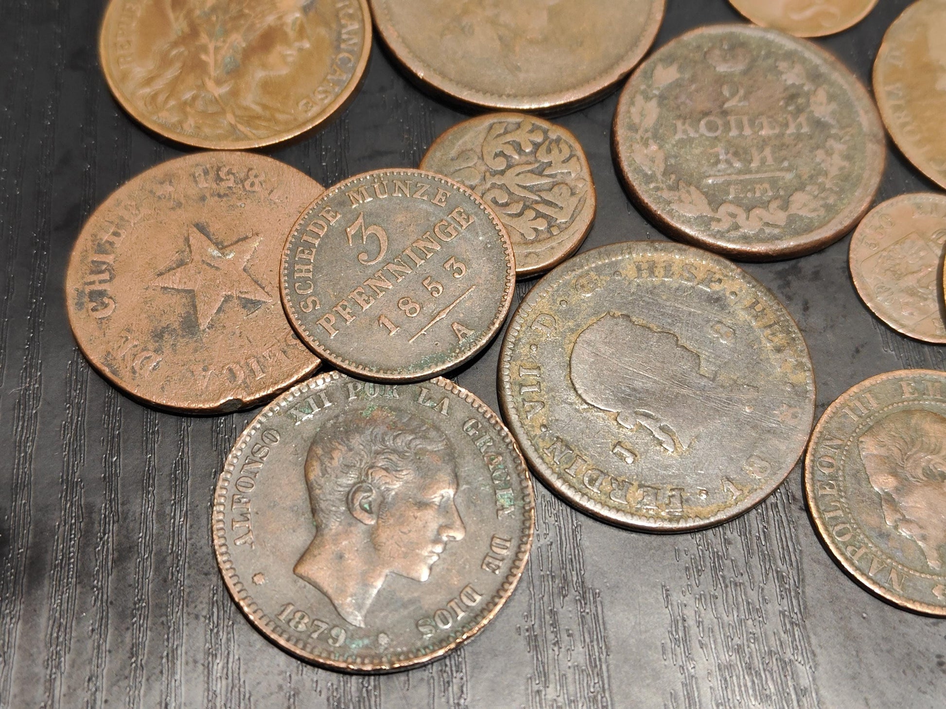 Old Antique Bronze Coins Numismatic Collection World Old Money Lot of 13 Pcs. from around 1800S~ Rare French Spanish German Chinese Coins