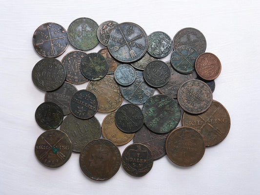 Old Bronze Coins Bulk Lot of Copper and Bronze Swedish Money 33 Pieces of Better Quality Coins 100 Year Old History Antique Numismatic