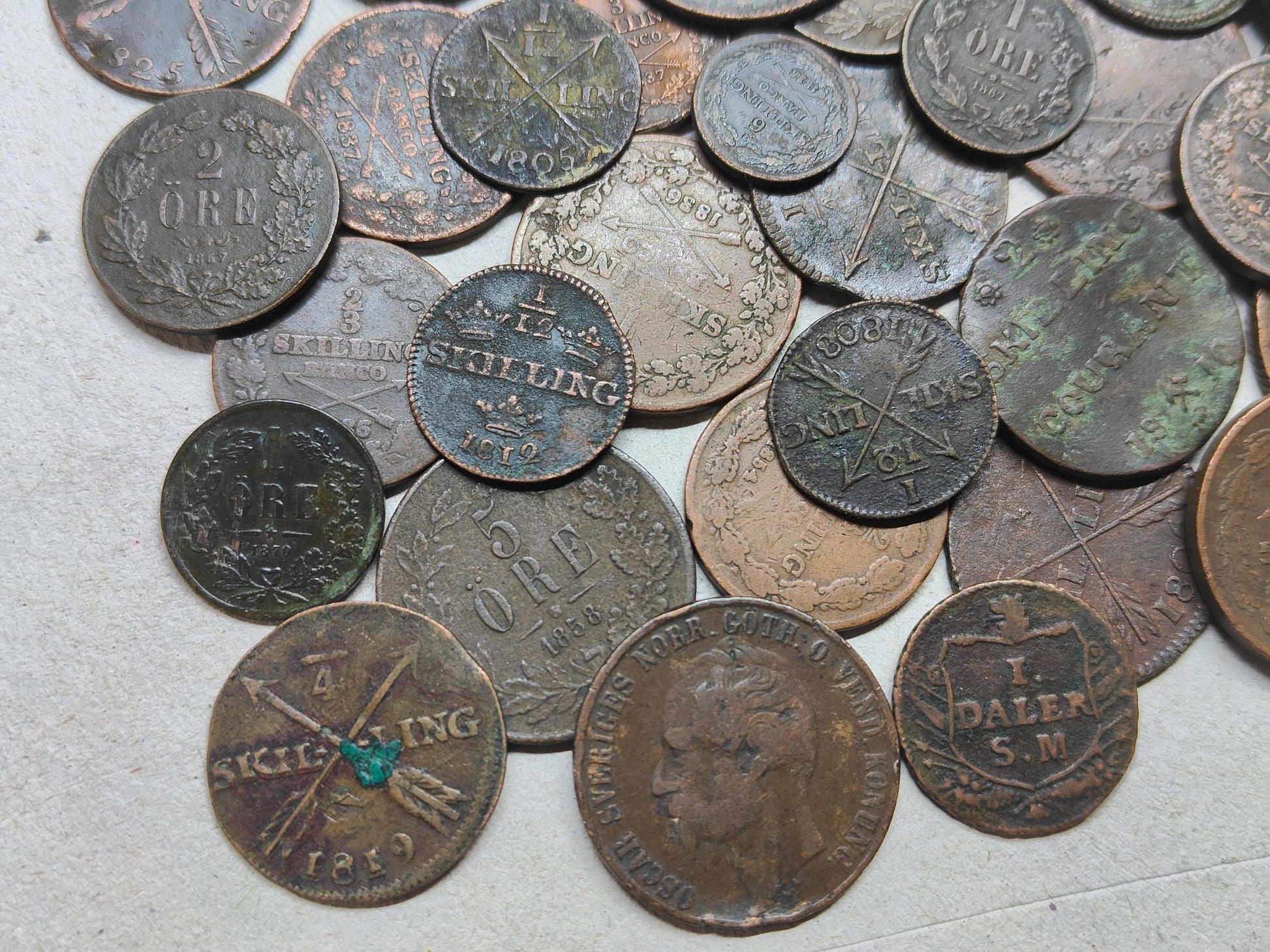 Old Bronze Coins Bulk Lot of Copper and Bronze Swedish Money 33 Pieces of Better Quality Coins 100 Year Old History Antique Numismatic