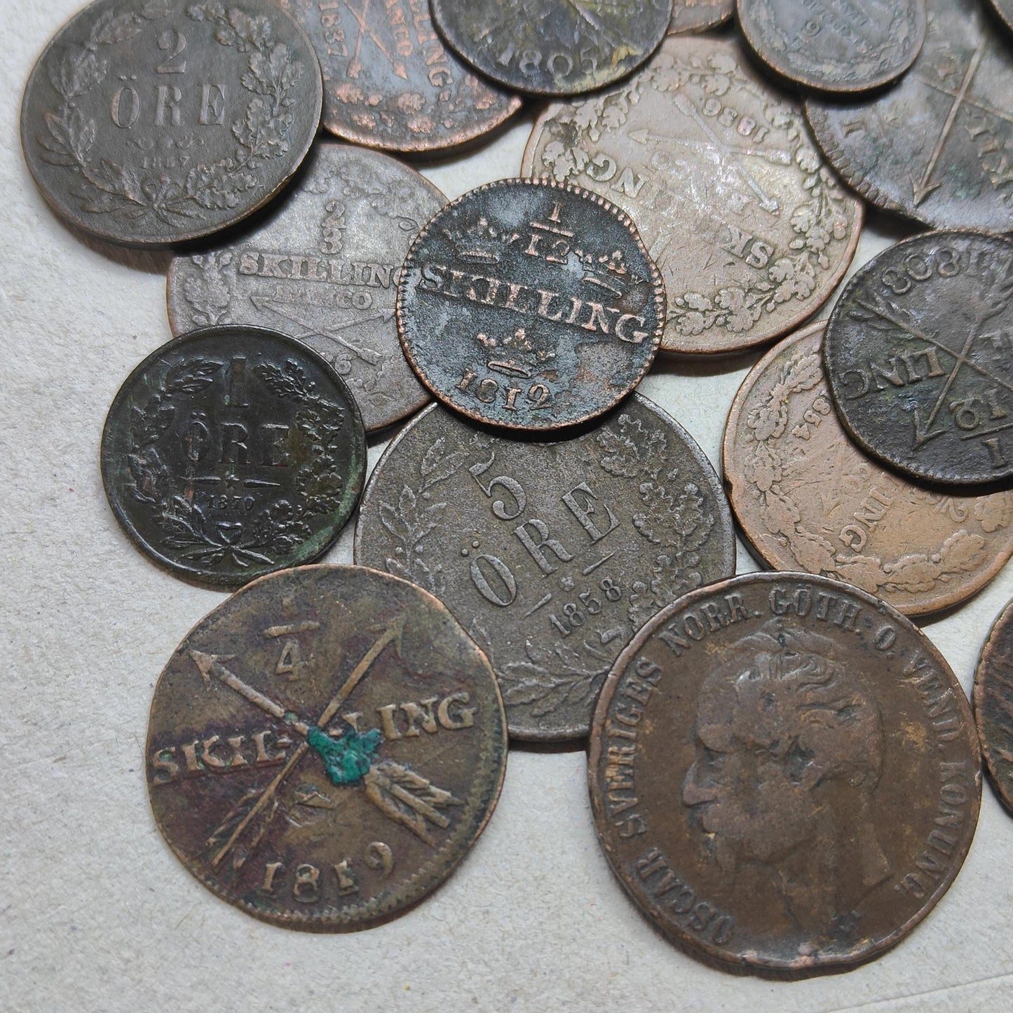 Old Bronze Coins Bulk Lot of Copper and Bronze Swedish Money 33 Pieces of Better Quality Coins 100 Year Old History Antique Numismatic