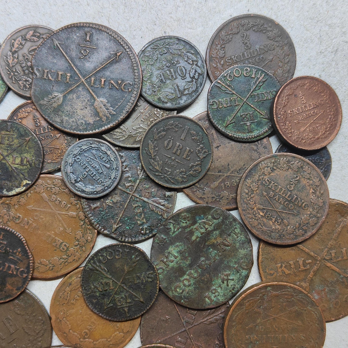 Old Bronze Coins Bulk Lot of Copper and Bronze Swedish Money 33 Pieces of Better Quality Coins 100 Year Old History Antique Numismatic