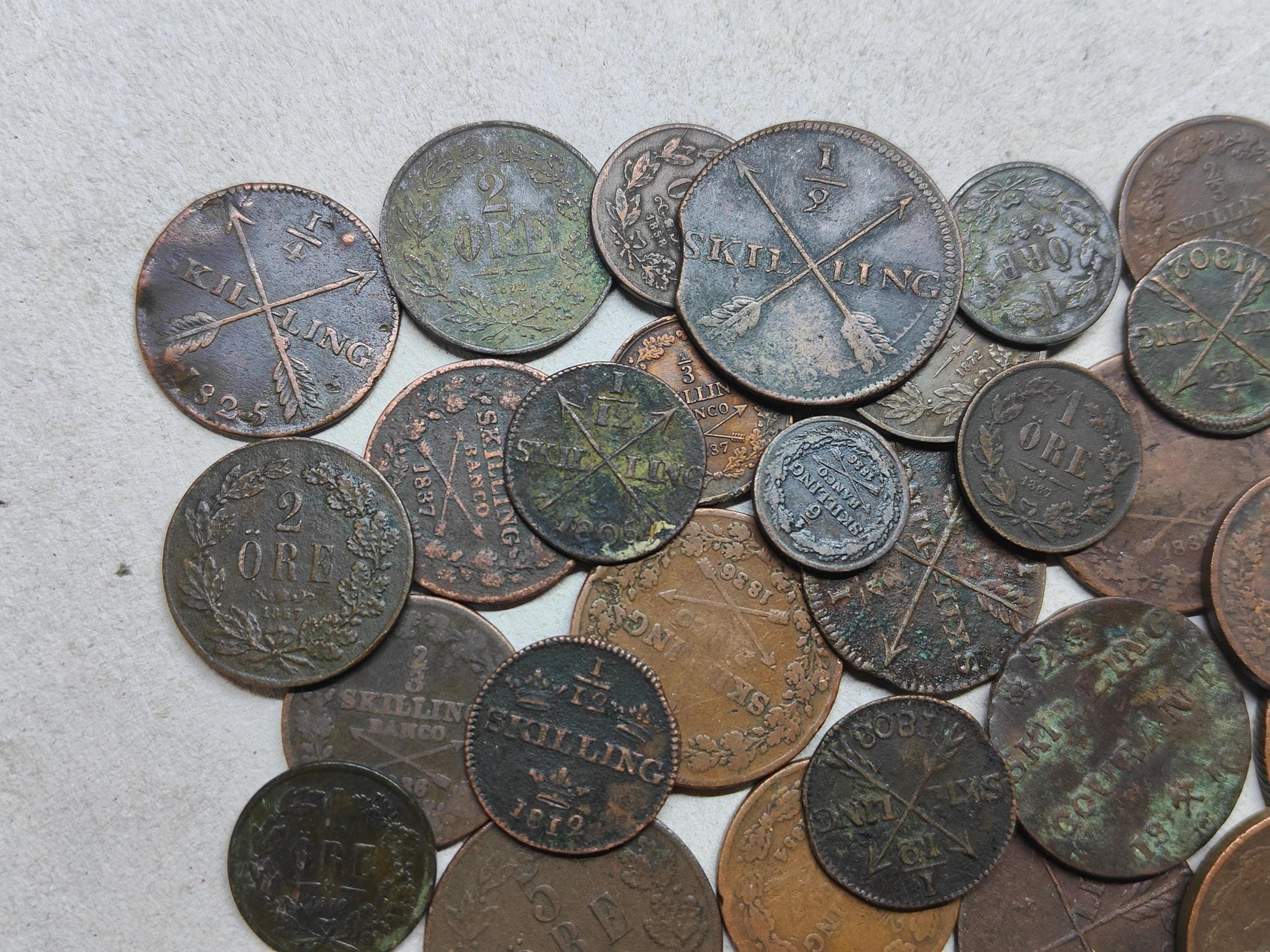 Old Bronze Coins Bulk Lot of Copper and Bronze Swedish Money 33 Pieces of Better Quality Coins 100 Year Old History Antique Numismatic