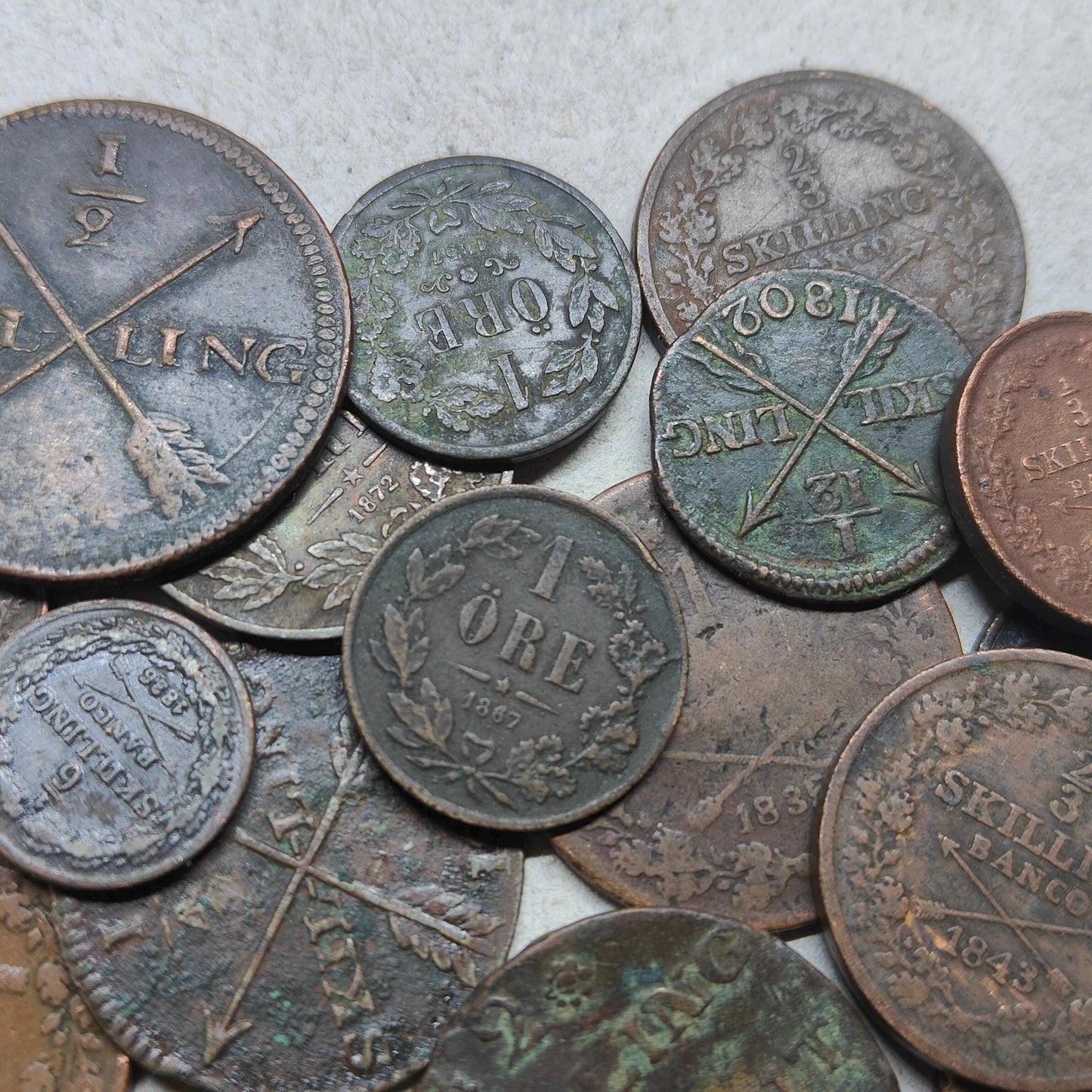 Old Bronze Coins Bulk Lot of Copper and Bronze Swedish Money 33 Pieces of Better Quality Coins 100 Year Old History Antique Numismatic