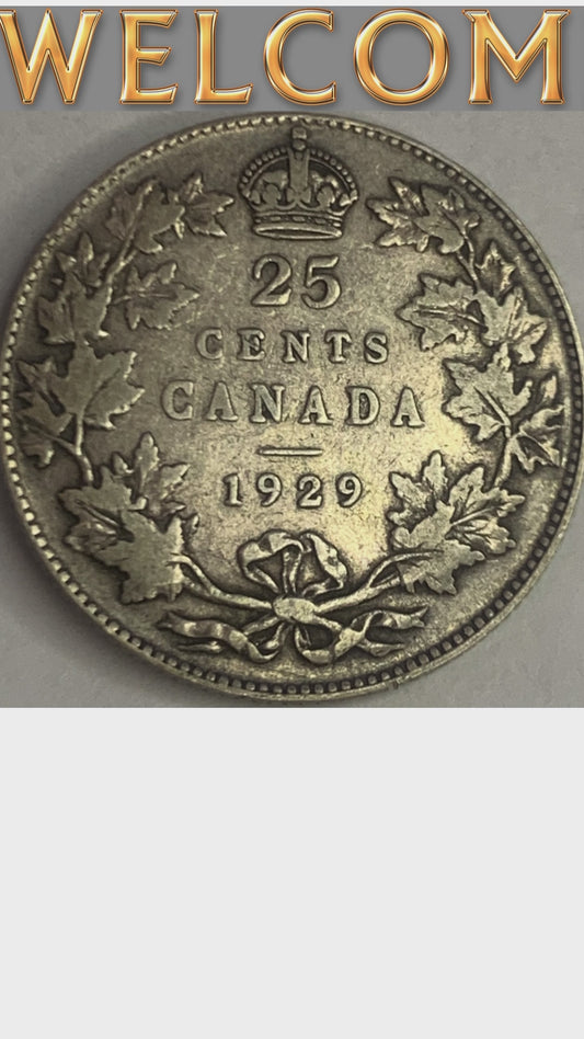 Exquisite 1929 Canadian Silver 25 Cents - King George V Era