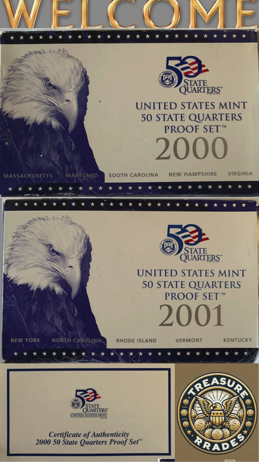 2000-S / 2001-S US Mint 50 State Quarters Proof Sets – Original Boxes/ COAs – Rare Collectibles”