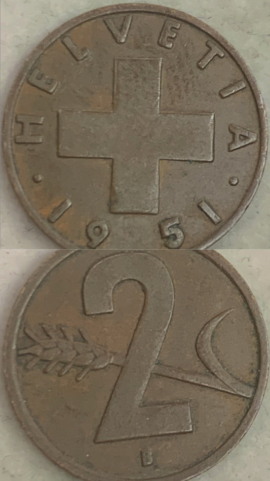 Switzerland 2 rappen, 1948-1974- Low Mintage